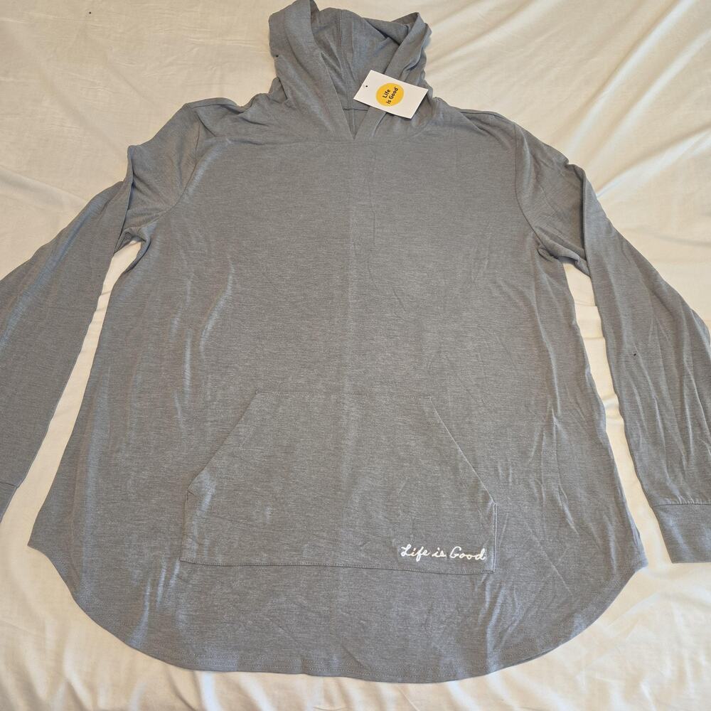 Life Is Good Shirt Womens Large Gray Hooded Tunic Kangaroo Pocket Embroidered